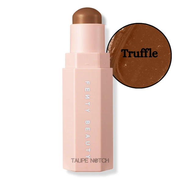 Contour skinstick in Truffle, warm dark brown shade swatch beside stick.