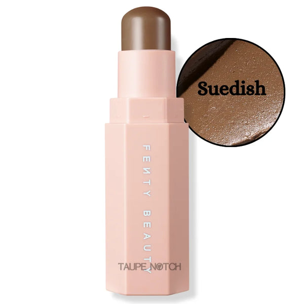 Contour skinstick in Suedish, taupe brown shade swatch beside stick.