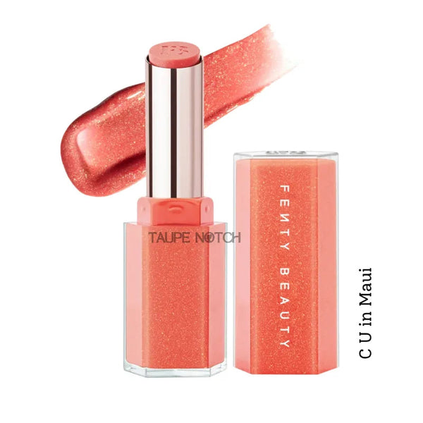 Gloss stick in coral pink shimmer with high-shine finish, open tube and lip swatch.