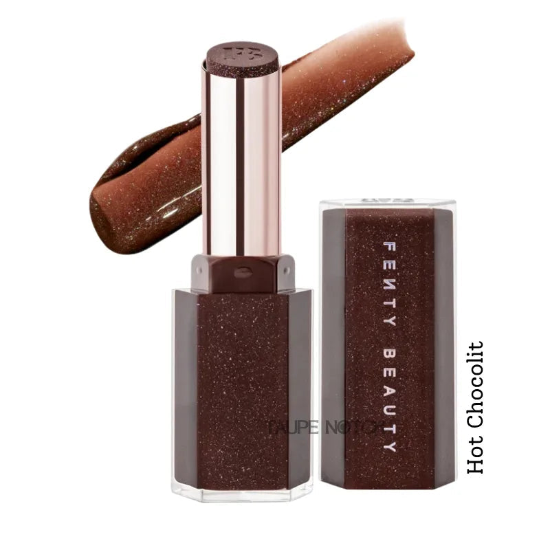 Gloss stick in dark cocoa brown shimmer with high-shine finish, open tube and lip swatch.