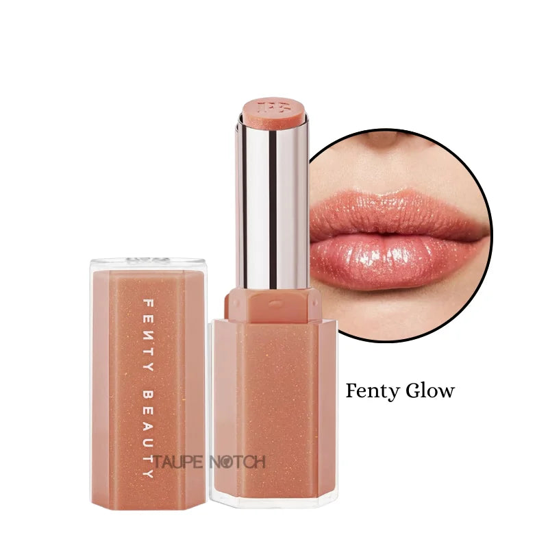 Gloss stick in warm rose-gold shimmer with high-shine finish, open tube and lip swatch.