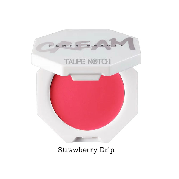 Cream blush in bright strawberry-red shade, shown in white compact with curved base.