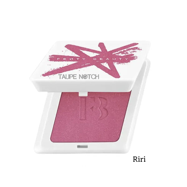 Powder blush in open compact with mauve suede powder pan