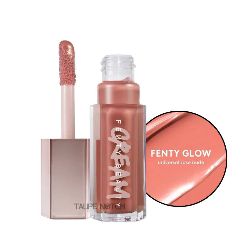 Lip color drip cream in Fenty Glow universal rose nude, with doe-foot applicator.