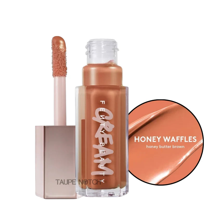 Lip color drip cream in Honey Waffles honey butter brown, with doe-foot applicator.