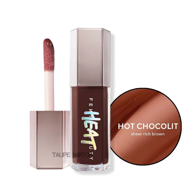 Fenty Beauty Gloss Bomb Heat lip gloss, sheer rich brown Hot Chocolit Heat tube and wand