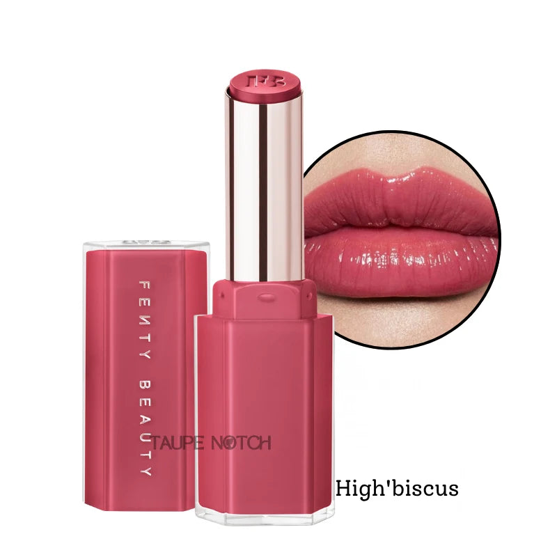 Gloss stick in rose-red with high-shine finish, open tube and matching lip swatch.