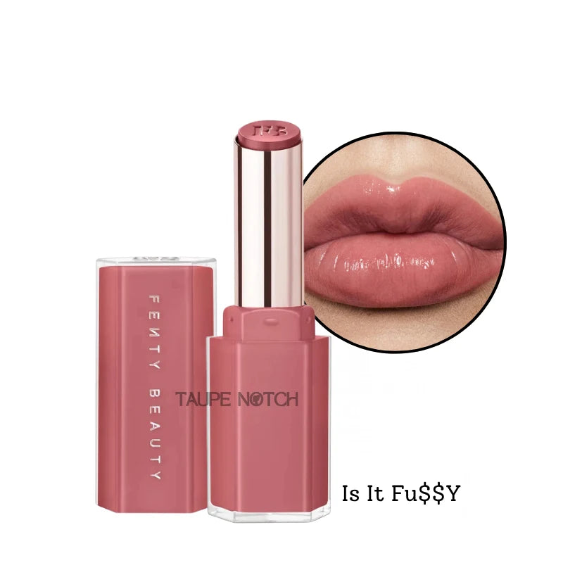 Gloss stick in mauve-rose with high-shine finish, open tube and matching lip swatch.