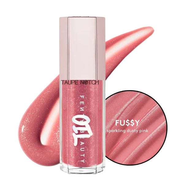 Gloss Bomb lip gloss, sparkling dusty pink gloss (Fu$$y)
