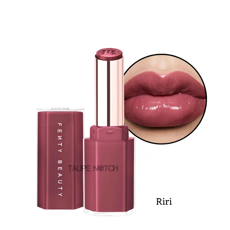 Gloss stick in berry-mauve with high-shine finish, open tube and matching lip swatch.