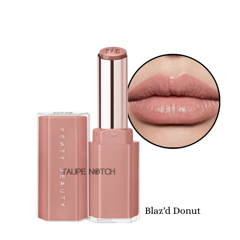 Gloss stick in soft pink-nude with high-shine finish, open tube and lip swatch close-up.