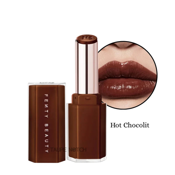 Gloss stick in deep chocolate-brown with high-shine finish, open tube and lip swatch.