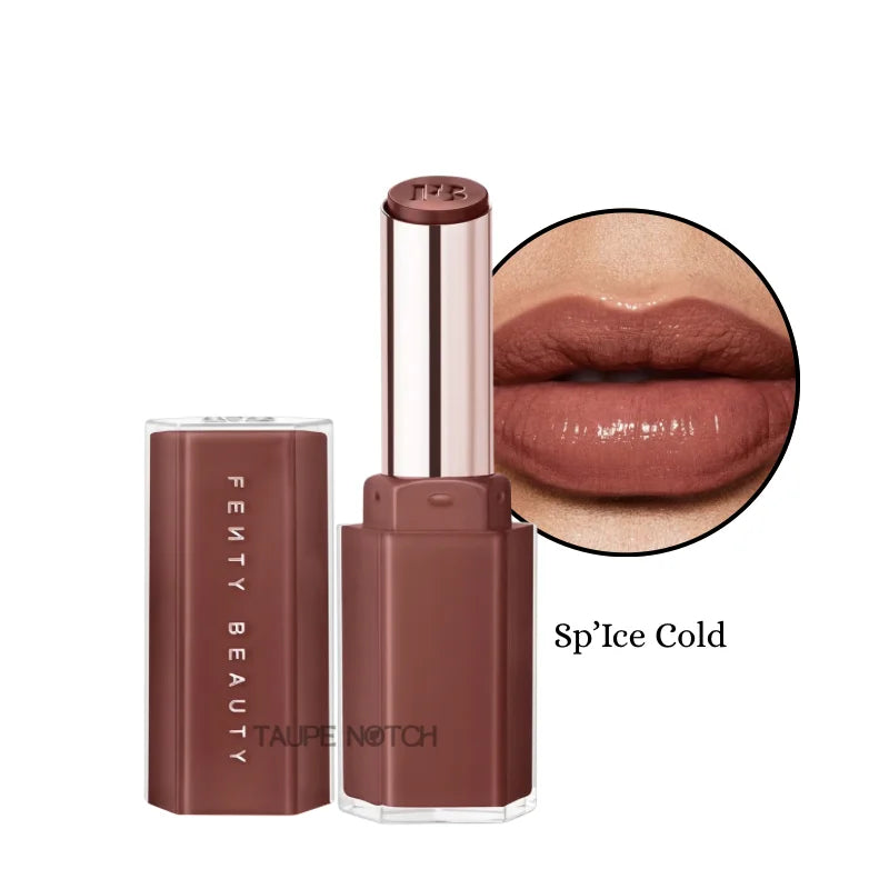 Gloss stick in taupe-brown with high-shine finish, open tube and matching lip swatch.