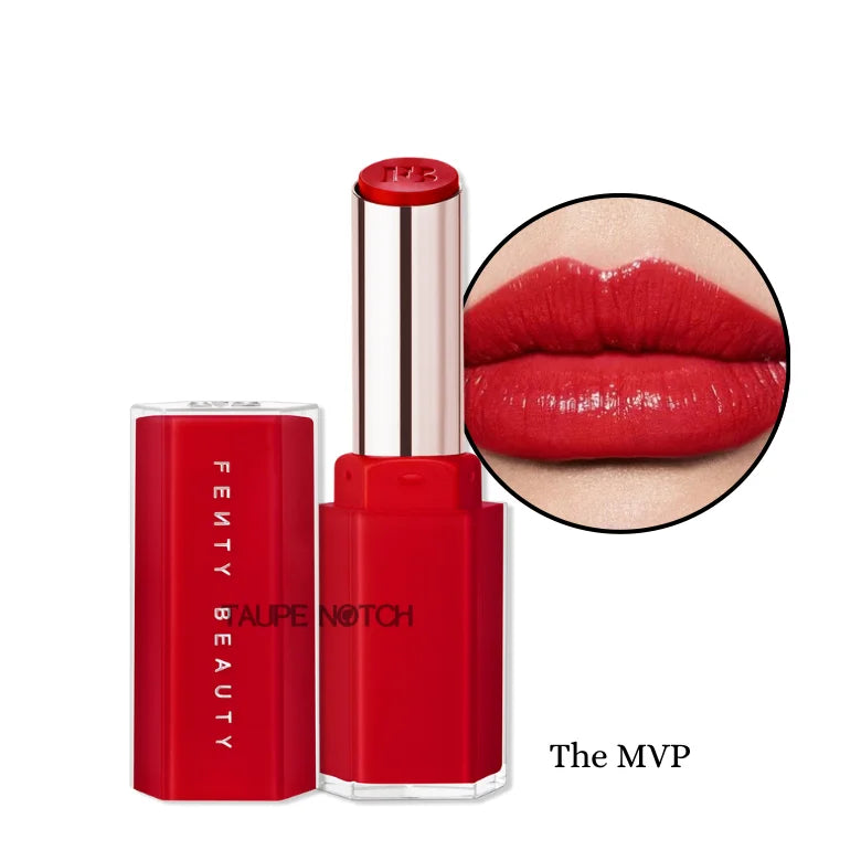 Red high-shine gloss stick with cap and lip swatch, in The MVP shade