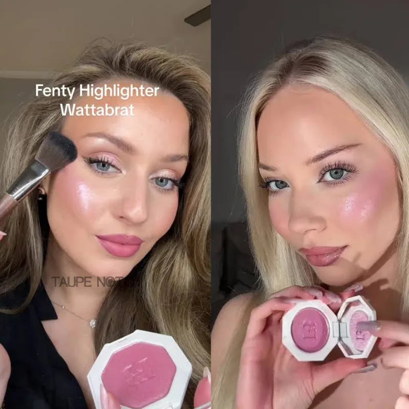 Fenty Beauty highlighter compact held with rose-taupe glitter pan and makeup brush