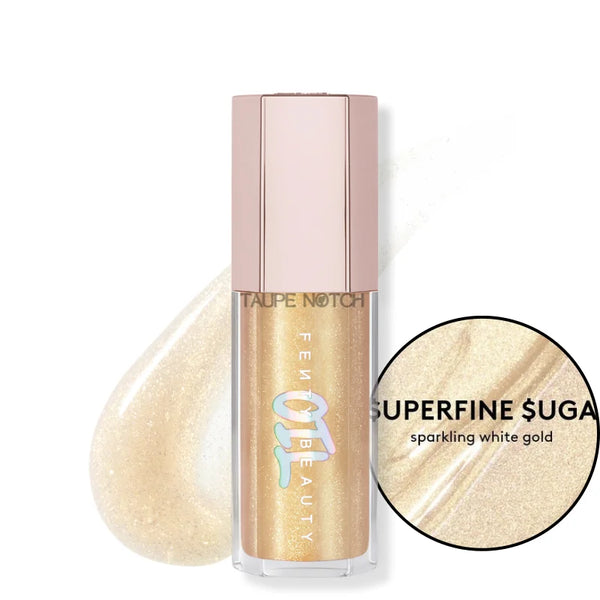 Fenty Beauty Gloss Bomb Oil in SUPERFINE $UGA, white gold shimmer lip gloss