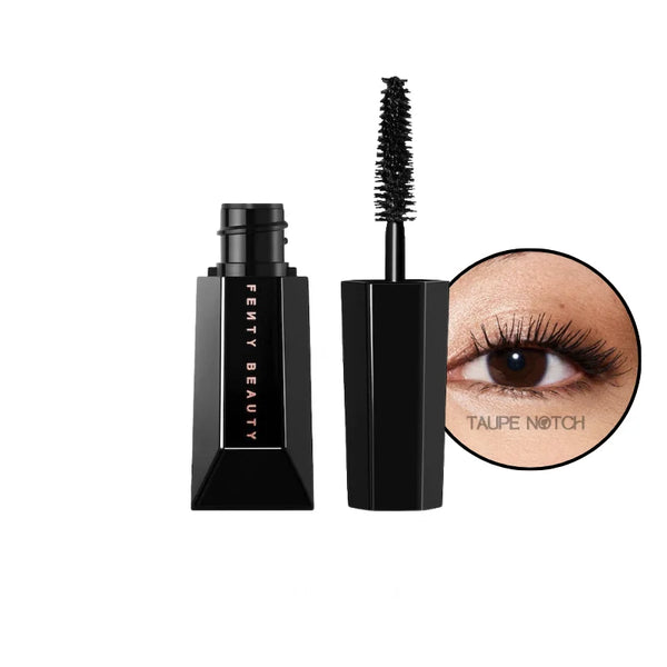 Mascara and lip product in black with eye detail showing lashes