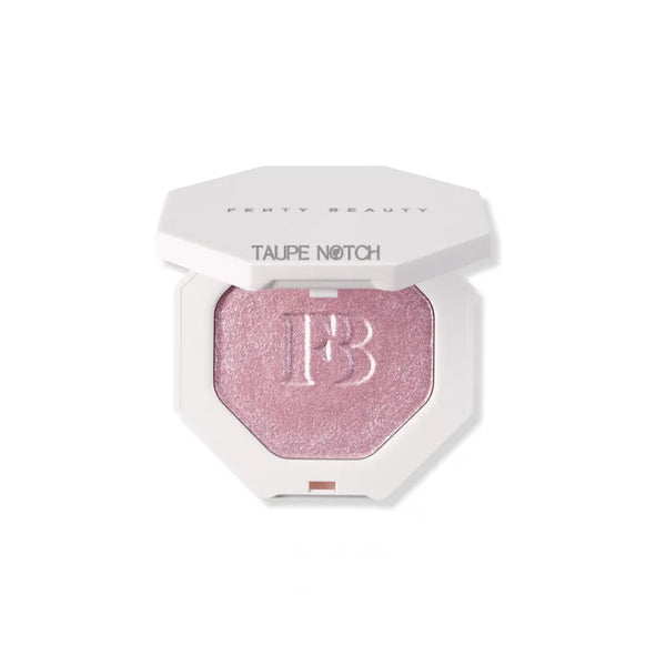 Fenty Beauty highlighter compact in rose-taupe glitter shade, open with logo pan