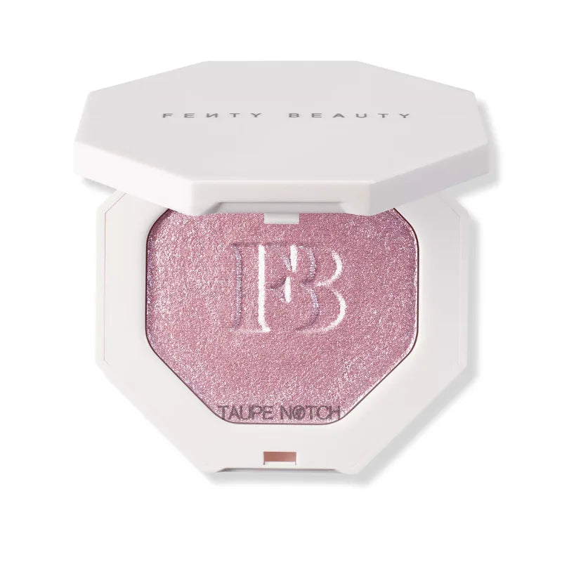 Fenty Beauty highlighter compact, rose-taupe glitter pan visible under lid