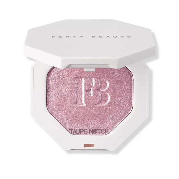 Fenty Beauty highlighter compact, rose-taupe glitter pan visible under lid