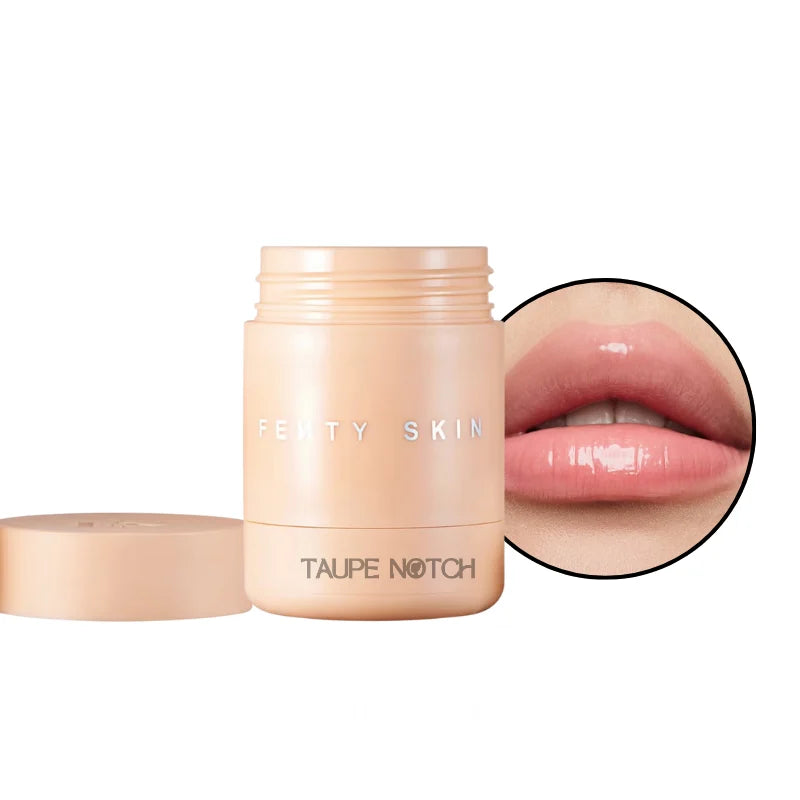 Plush lip recovery mask jar and lid with glossy lip close-up, peach-cream tone