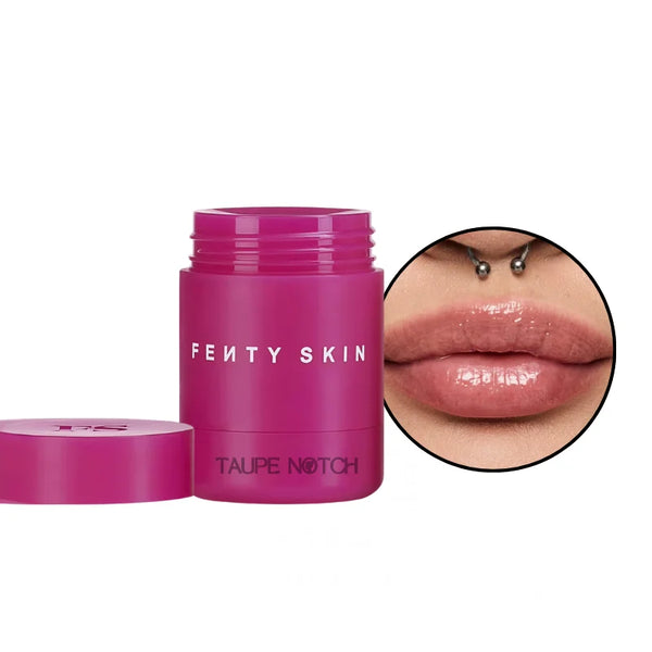 Plush lip recovery mask jar and lid with glossy lip close-up, plum tone