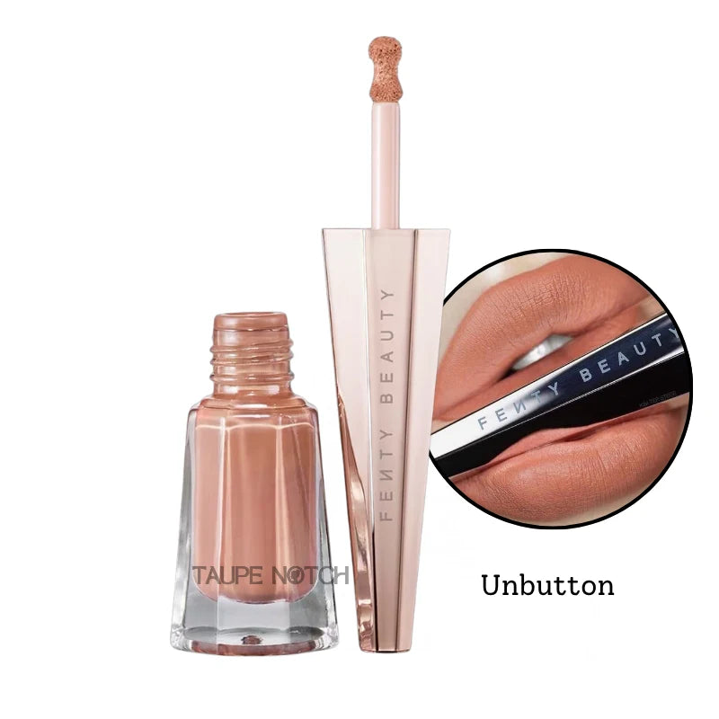 Fenty Beauty Stunna Lip Paint Longwear Fluid Lip Color 4 mL in Taupe Notch shade shown with applicator and close-up of lips wearing the color Unbutton, imported cosmetics and skincare from UK and USA, your ultimate destination for authentic international beauty.