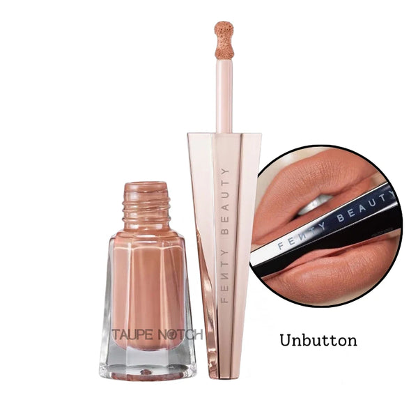 Fenty Beauty Stunna Lip Paint Longwear Fluid Lip Color 4 mL in Taupe Notch shade shown with applicator and close-up of lips wearing the color Unbutton, imported cosmetics and skincare from UK and USA, your ultimate destination for authentic international beauty.
