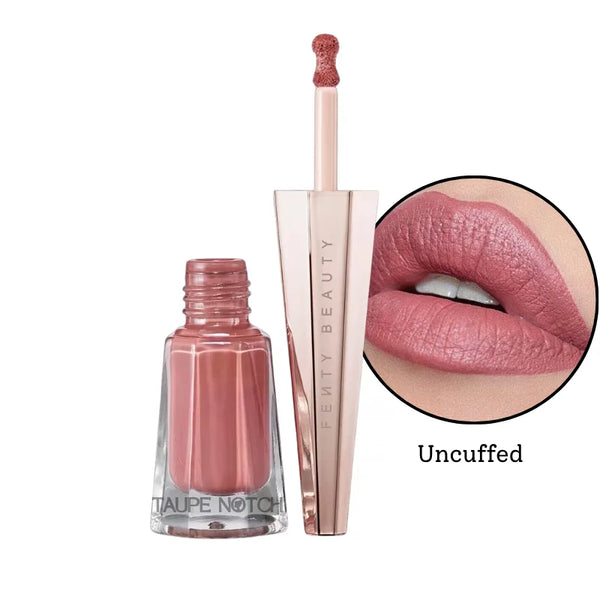 Fenty Beauty Stunna Lip Paint Longwear Fluid Lip Color 4 mL in a muted rosy taupe shade with applicator wand, shown applied on lips labeled uncuffed, imported cosmetics and skincare from UK and USA. your ultimate destination for authentic international beauty.