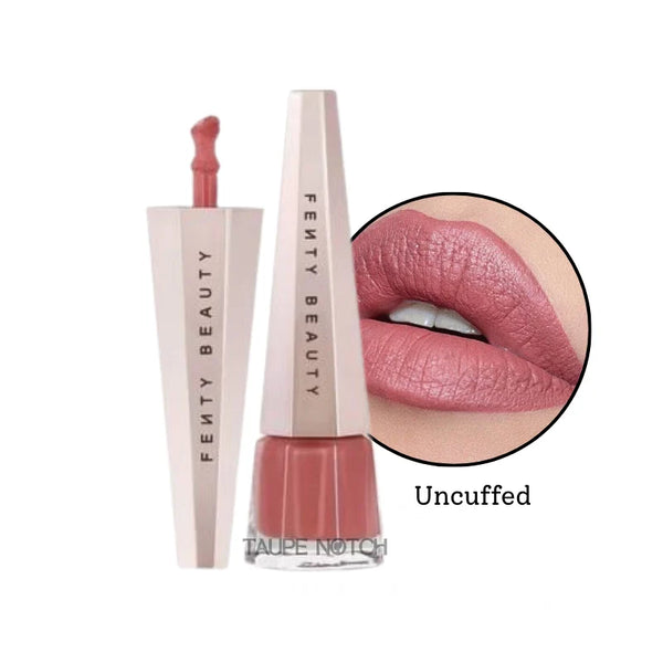 Liquid lip color with dusty rose shade in capped bottle and wand, with close-up lips