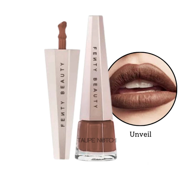 Liquid lip color with deep brown shade in capped bottle and wand, with close-up lips