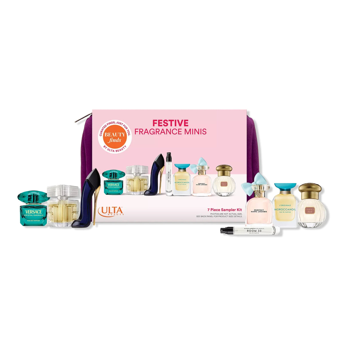 Festive Fragrance Minis 7-piece sampler kit box with mini bottle lineup