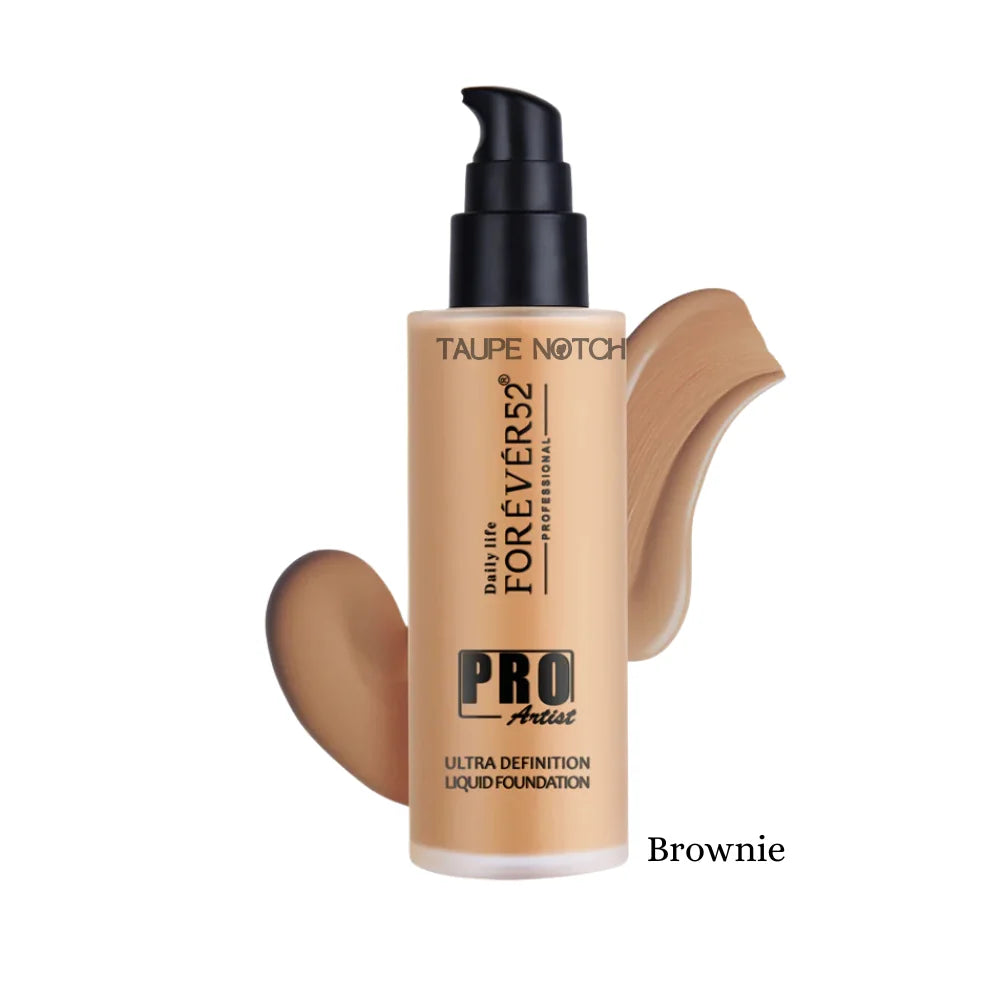 Liquid foundation bottle with tan swatches, shade Brownie, black pump, taupe label