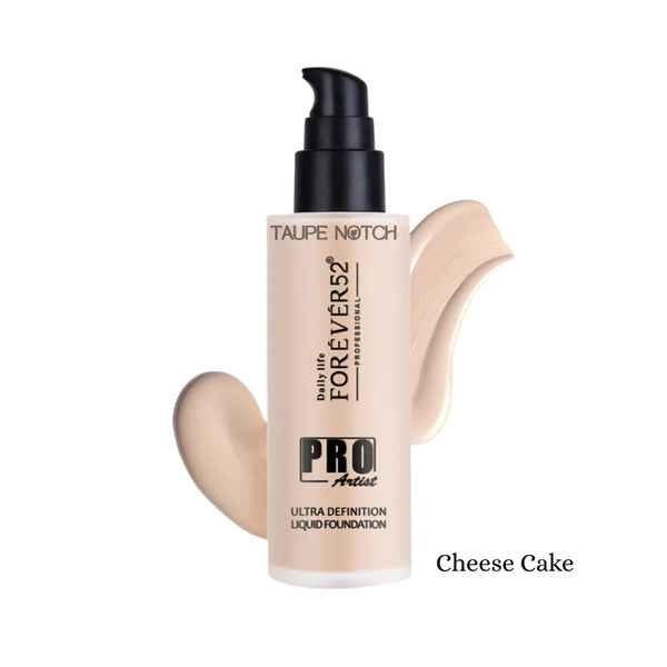 Liquid foundation bottle with pale beige swatches, shade Cheese Cake, black pump, taupe label