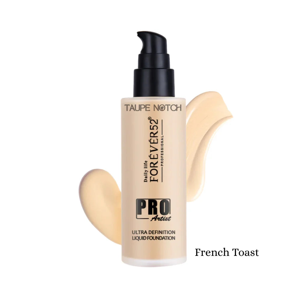 Liquid foundation bottle with light beige swatches, shade French Toast, black pump, taupe label