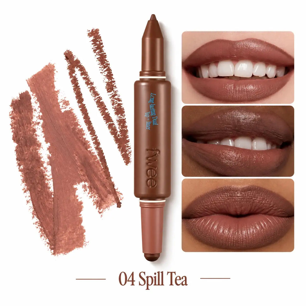 Fwee Long-Lasting Dual Coloring Stick Lip+Liner shown with three close-up lip swatches and makeup smears on a white background. The text at the bottom reads '04 Spill Tea'.
