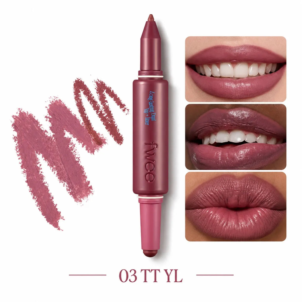 Fwee Long-Lasting Dual Coloring Stick Lip+Liner by fwee in shade 03 TTYL, shown with a swatch on the left and three close-up photos of lips on the right, all on a white background.