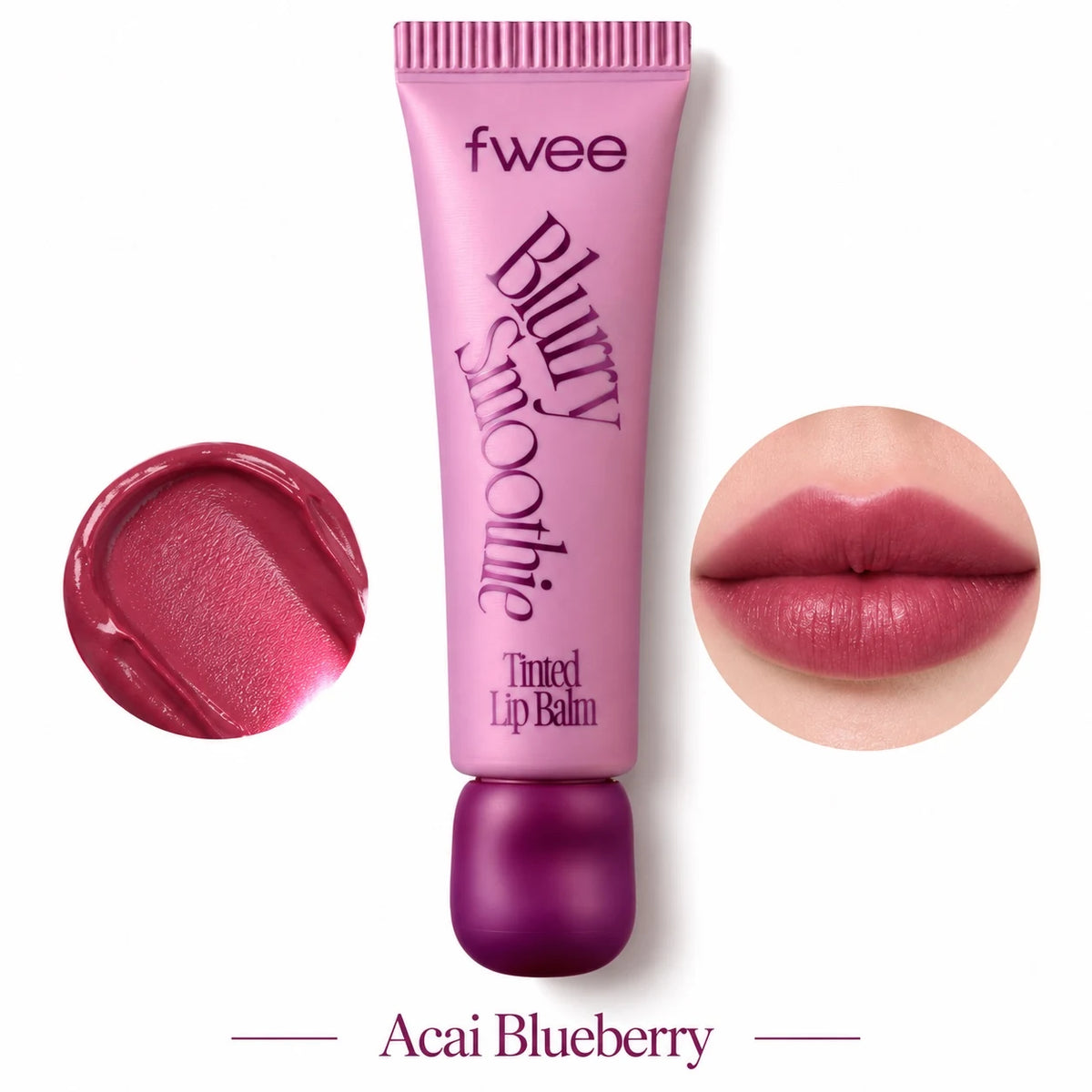 A pink squeeze tube of fwee Blurry Smoothie tinted lip balm with a dark purple cap, shown on a white background with a lip smear on the left and a circular close-up of lips wearing the pinkish-purple tint on the right. Text at the bottom reads 'Acai Blueberry'.