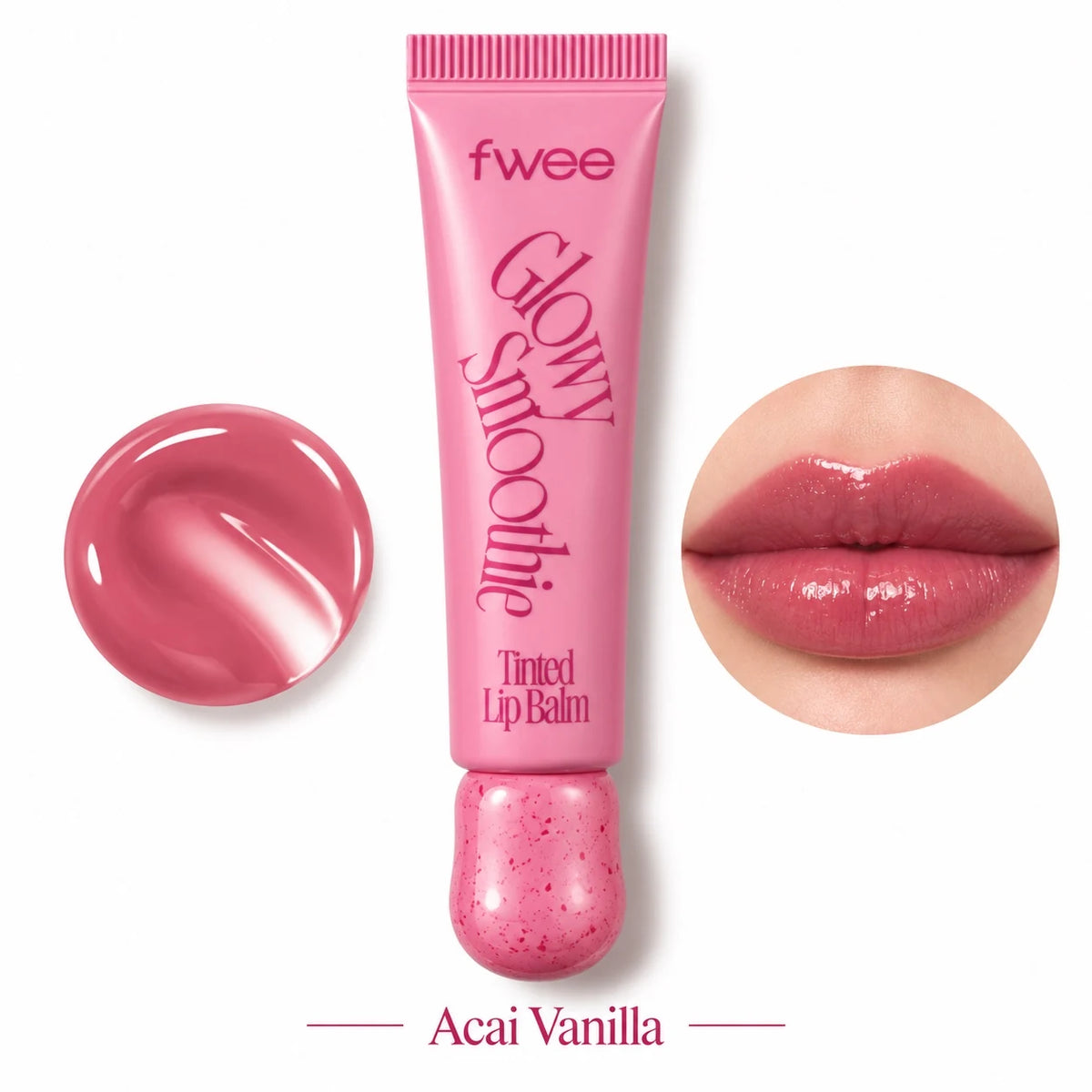 A pink squeeze tube of fwee Glowy Smooth Tinted Lip Balm in the shade Acai Vanilla, shown on a white background with a circular smear of the balm on the left and a circular close-up of glossy lips on the right.