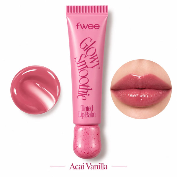 A pink squeeze tube of fwee Glowy Smooth Tinted Lip Balm in the shade Acai Vanilla, shown on a white background with a circular smear of the balm on the left and a circular close-up of glossy lips on the right.
