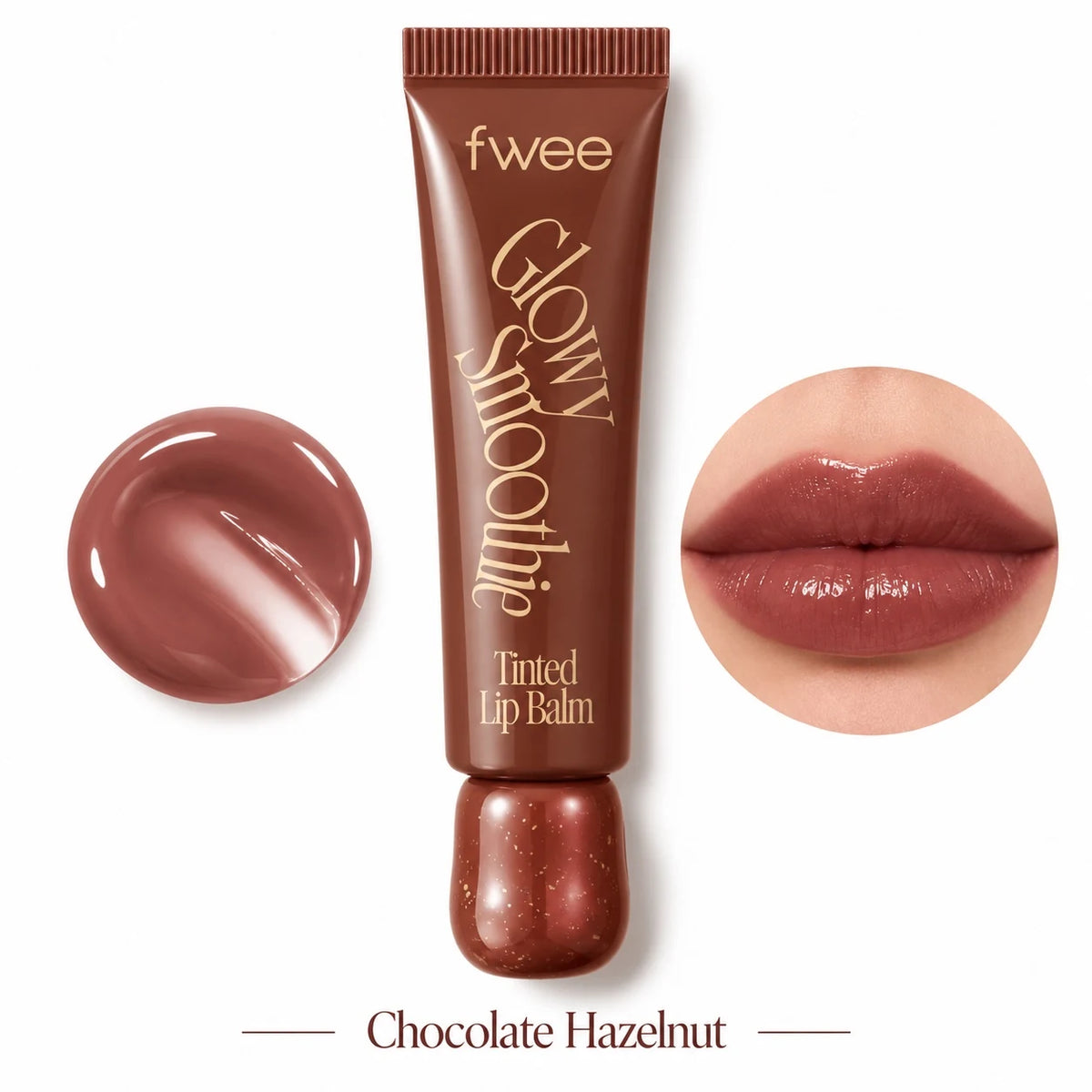 fwee Glowy Smoothie tinted lip balm in Chocolate Hazelnut shade, shown in a brown squeeze tube with a matching cap, flanked by a circular lip gloss swatch on the left and a circular close-up of lips wearing the product on the right, on a white background.