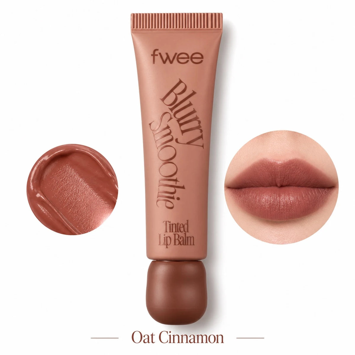 fwee Blurry Smoothie Tinted Lip Balm in Oat Cinnamon shade, shown in a metallic rose-brown squeeze tube with a matching cap, flanked by circular swatches of the lip balm formula and a close-up of lips wearing the tint.