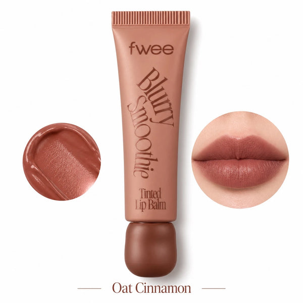 fwee Blurry Smoothie Tinted Lip Balm in Oat Cinnamon shade, shown in a metallic rose-brown squeeze tube with a matching cap, flanked by circular swatches of the lip balm formula and a close-up of lips wearing the tint.
