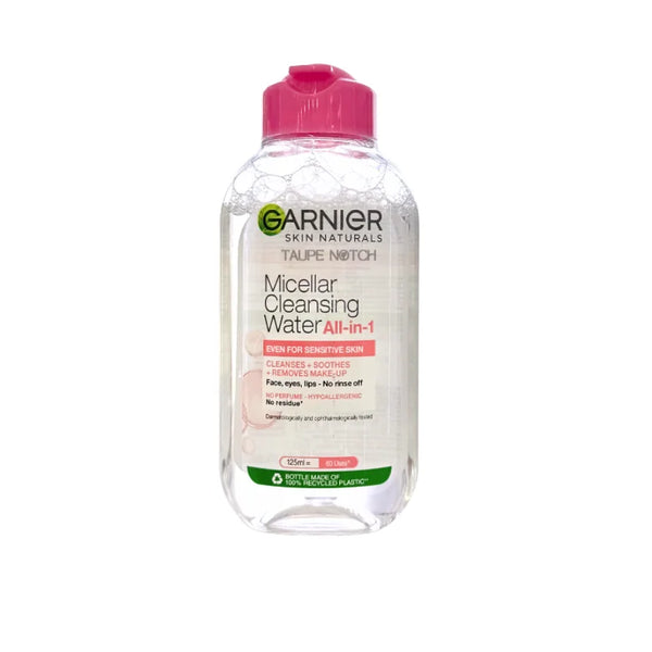 Micellar cleansing water bottle with pink cap and front label, 125 ml