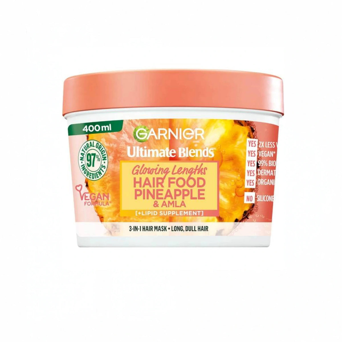 Garnier Ultimate Blends Hair Food Pineapple & Amla 400ml hair mask in a white plastic tub with a coral pink lid, on a white background.