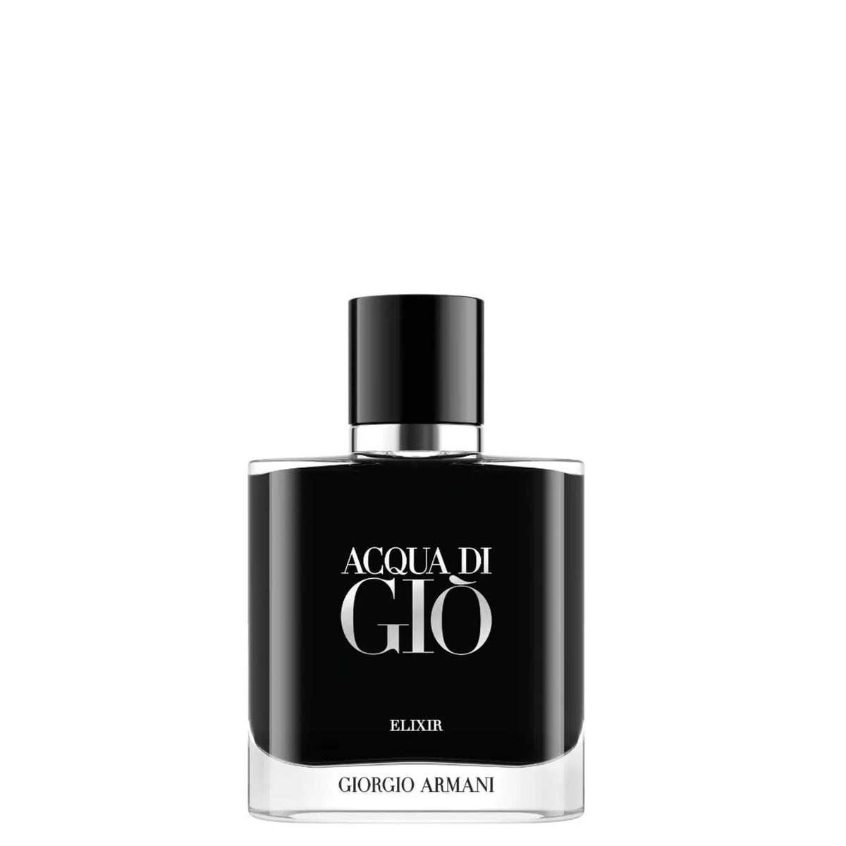 Giorgio Armani Acqua di Gio Elixir perfume bottle, featuring a sleek black rectangular glass body with a matching black cap and silver lettering, set against a solid white background.