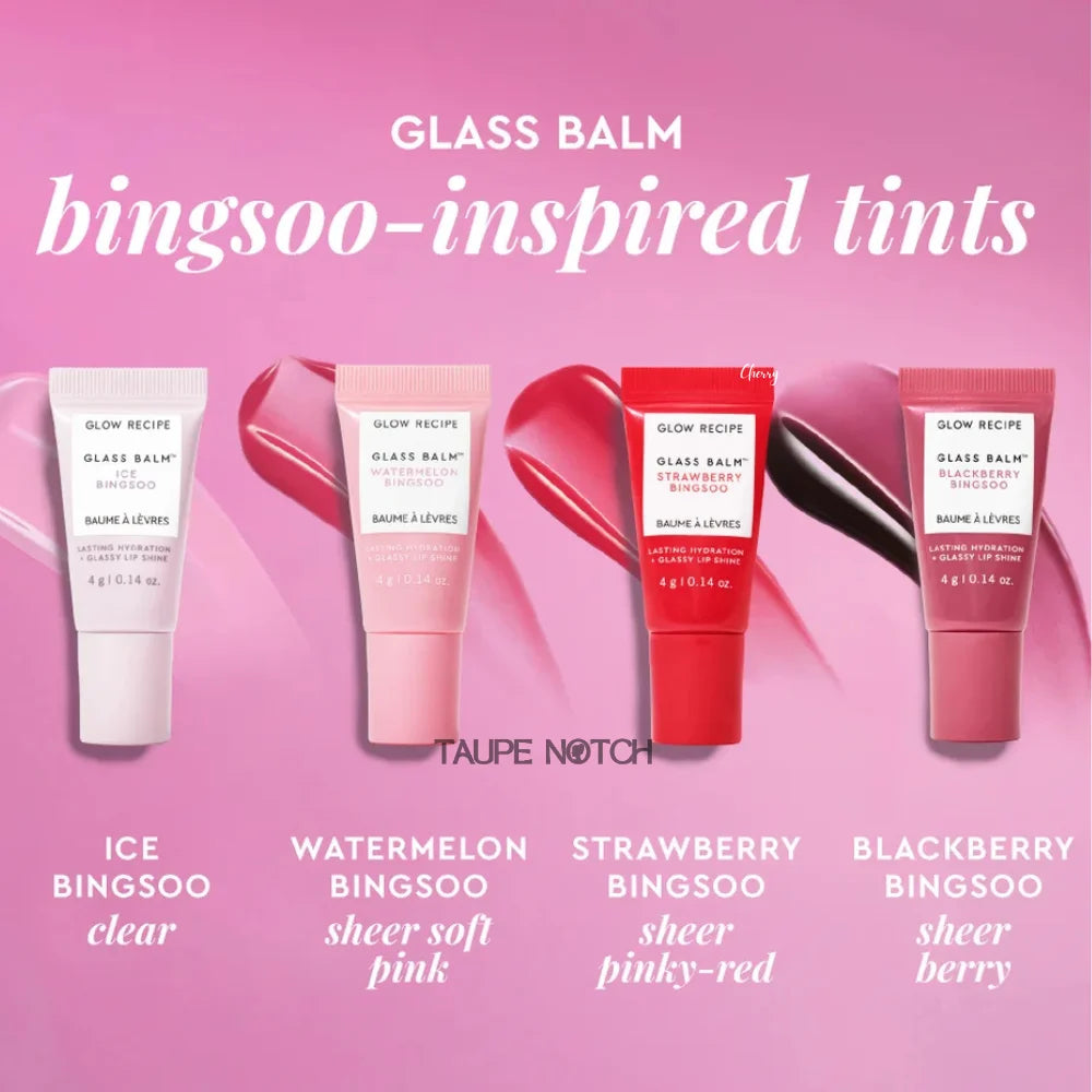 Glass balm mini tint collection with four squeeze tubes in clear, pink, red, and berry tones