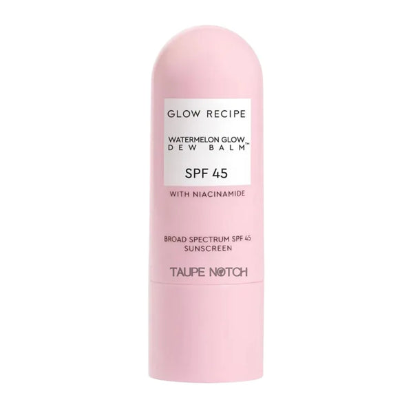 Pink balm sunscreen stick with Glow Recipe label, SPF 45, niacinamide