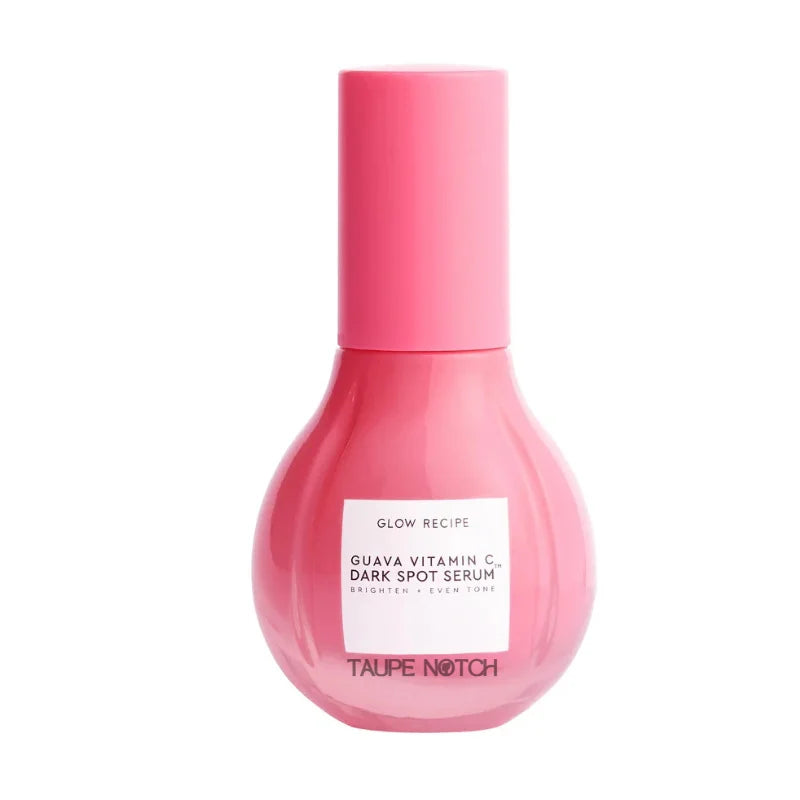 Glow Recipe guava vitamin C dark spot serum bottle, pink glass with cylindrical cap