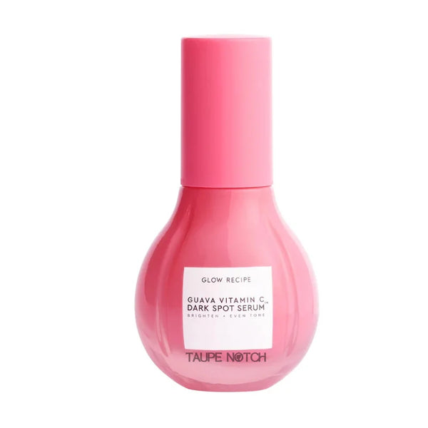 Glow Recipe guava vitamin C dark spot serum bottle, pink glass with cylindrical cap